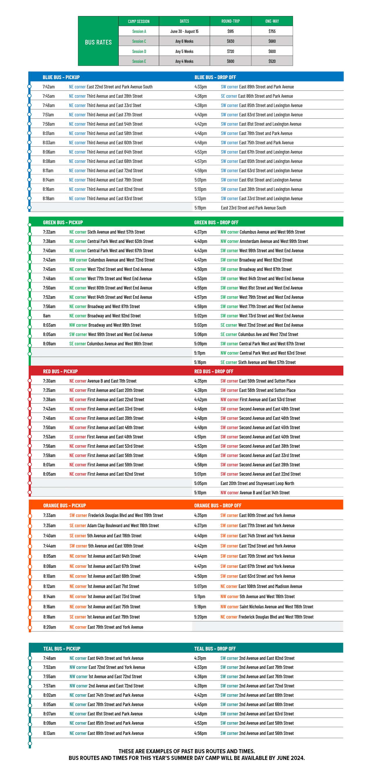 Bus routes for Summer Day Camp 2023 at the Upper East Side campus